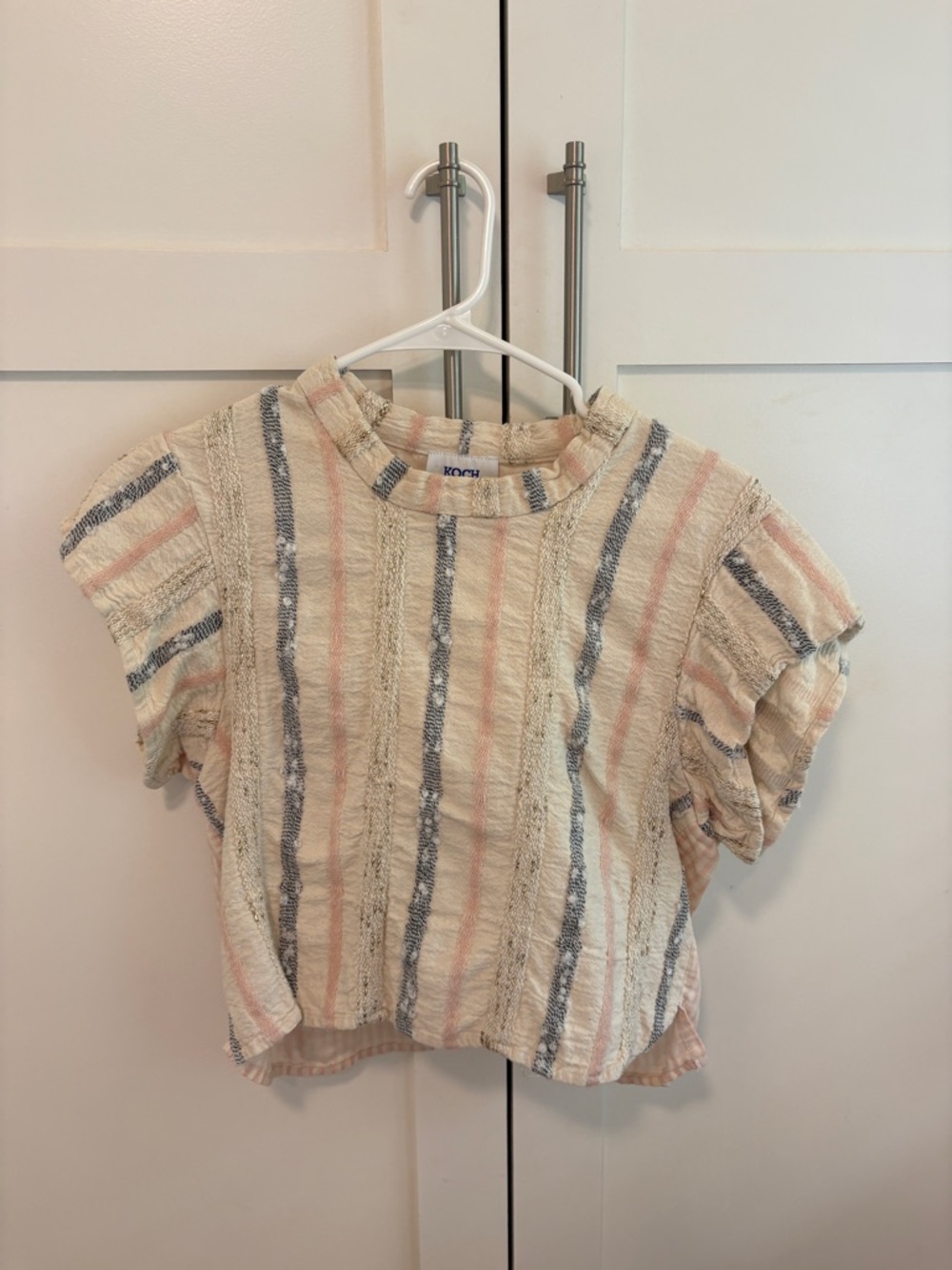 Koch Striped Textured Short Sleeve Top in Cream, Pink & Blue